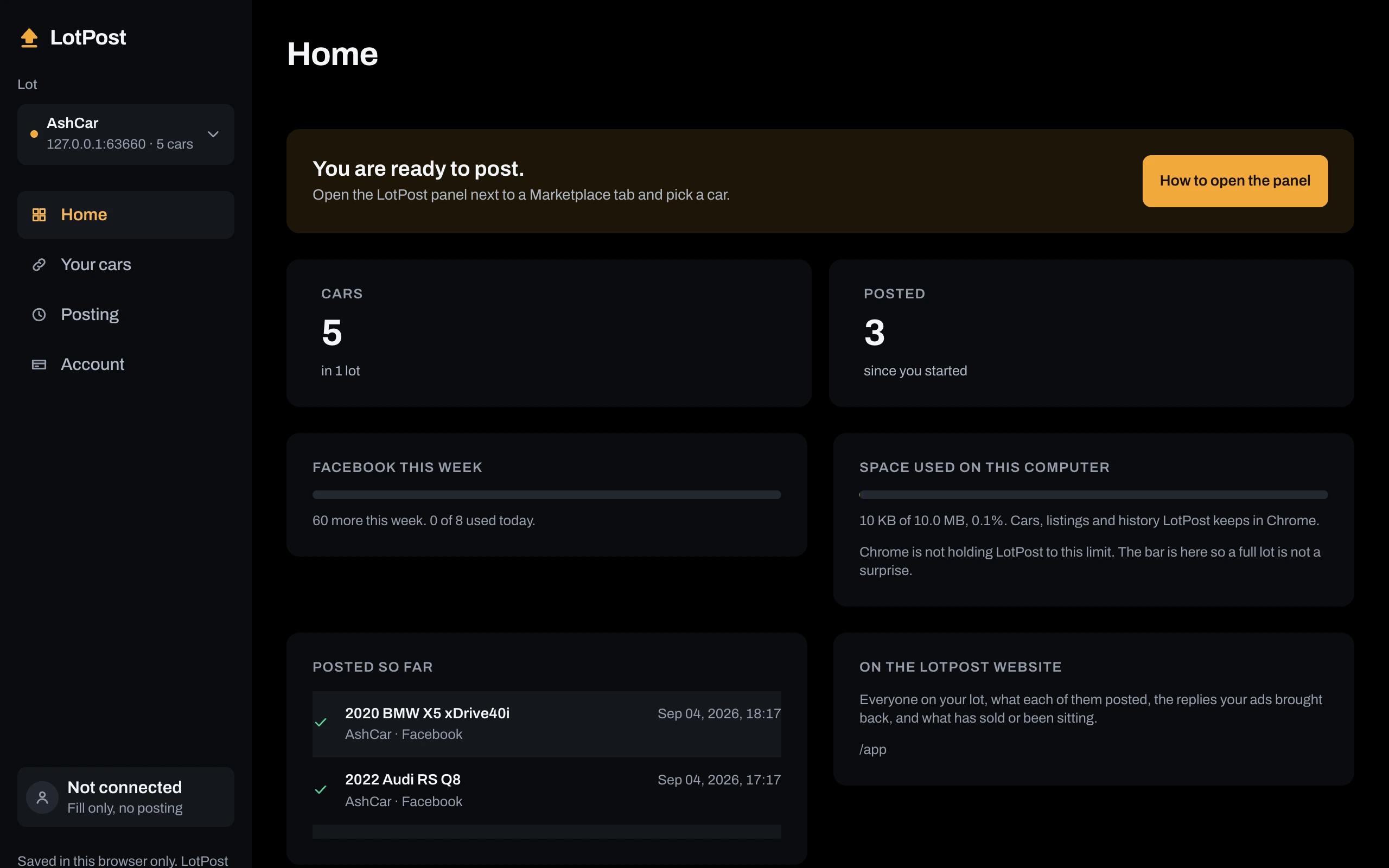 The LotPost dashboard, listing the cars that have been posted and where they went.